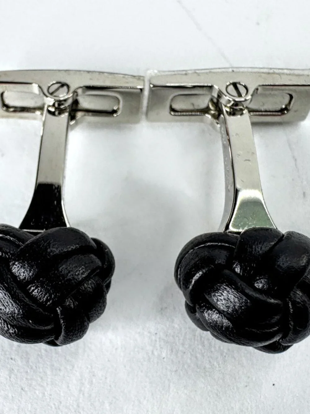 Vintage Hermès Noir Leather Pom-Pom Pompon Knot Cufflinks with Box SS393